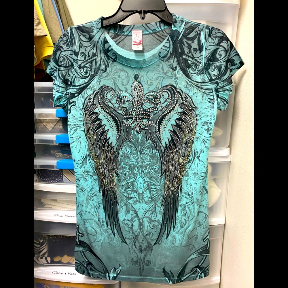 Fleur-de-lis & Wing studded silky blouse